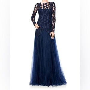 Tadashi Shoji Navy Blue Sheer Illusion Long Sleeve Gown Lace & Tulle Dress Sz 6